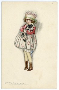 girl holding dog postcard 1918
