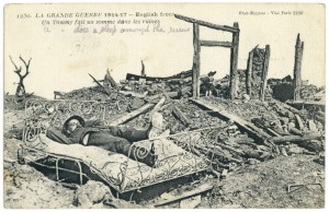 Tommy sleeping in the ruins postcard 1917