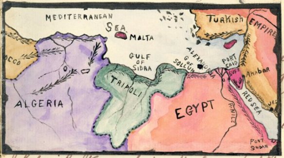 A watercolour map of the North African coast and Suez Canal, painted by Jack Pulman, circa 1915